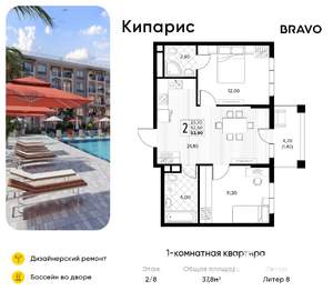 1-к квартира, вторичка, 38м2, 2/8 этаж