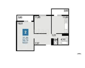 2-к квартира, вторичка, 61м2, 4/16 этаж