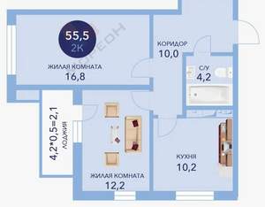 2-к квартира, вторичка, 55м2, 15/16 этаж