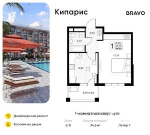 1-к квартира, вторичка, 35м2, 6/8 этаж