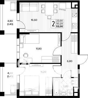 2-к квартира, строящийся дом, 53м2, 4/8 этаж