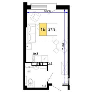 1-к квартира, вторичка, 28м2, 4/9 этаж