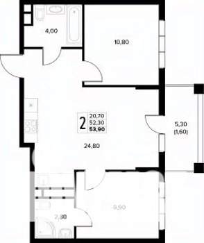 2-к квартира, строящийся дом, 54м2, 6/8 этаж