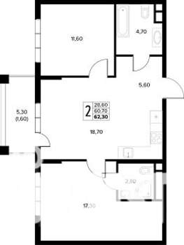 2-к квартира, строящийся дом, 62м2, 6/8 этаж