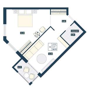 1-к квартира, вторичка, 51м2, 7/9 этаж