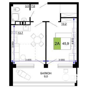 2-к квартира, строящийся дом, 46м2, 3/9 этаж