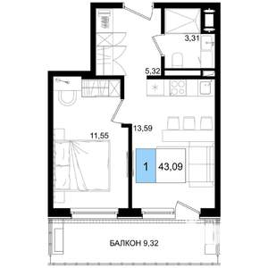1-к квартира, вторичка, 43м2, 6/9 этаж