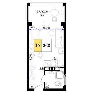 1-к квартира, строящийся дом, 24м2, 2/9 этаж