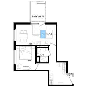 1-к квартира, строящийся дом, 50м2, 4/8 этаж