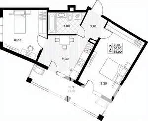 2-к квартира, строящийся дом, 54м2, 2/8 этаж