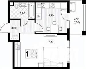 1-к квартира, строящийся дом, 36м2, 1/8 этаж