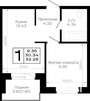1-к квартира, строящийся дом, 32м2, 2/4 этаж