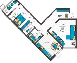 2-к квартира, вторичка, 54м2, 1/9 этаж