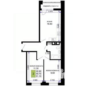 2-к квартира, вторичка, 51м2, 5/9 этаж