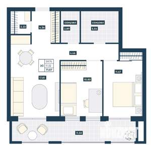 2-к квартира, вторичка, 71м2, 8/9 этаж