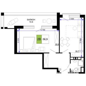 2-к квартира, строящийся дом, 57м2, 3/9 этаж