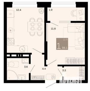 1-к квартира, вторичка, 36м2, 3/12 этаж