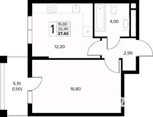 1-к квартира, вторичка, 37м2, 6/8 этаж