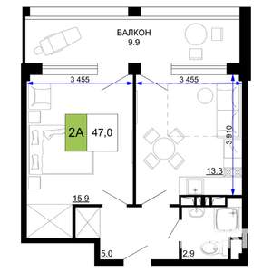 2-к квартира, строящийся дом, 47м2, 7/9 этаж