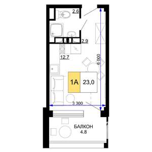 1-к квартира, строящийся дом, 23м2, 7/9 этаж