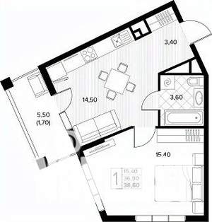1-к квартира, строящийся дом, 39м2, 6/8 этаж