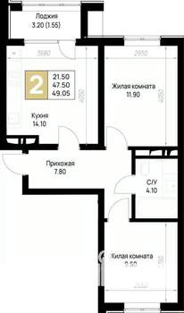 2-к квартира, вторичка, 49м2, 3/12 этаж