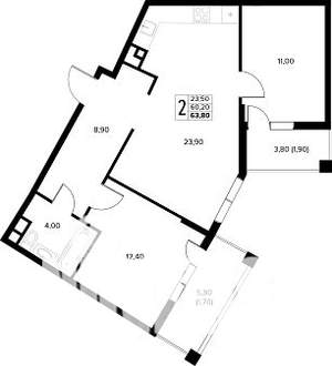 2-к квартира, строящийся дом, 64м2, 3/8 этаж