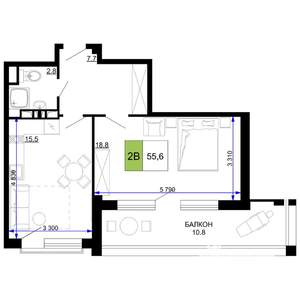 2-к квартира, строящийся дом, 56м2, 7/9 этаж