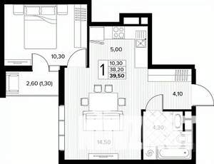1-к квартира, строящийся дом, 40м2, 4/8 этаж