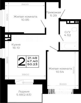 2-к квартира, строящийся дом, 50м2, 3/4 этаж