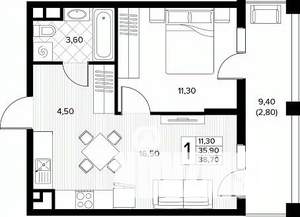 1-к квартира, строящийся дом, 39м2, 6/8 этаж