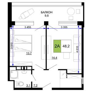 2-к квартира, строящийся дом, 48м2, 5/9 этаж