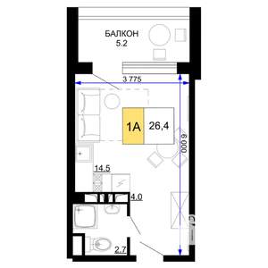 1-к квартира, строящийся дом, 26м2, 6/9 этаж