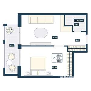 1-к квартира, вторичка, 52м2, 5/9 этаж