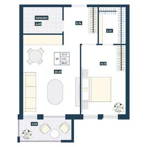 1-к квартира, вторичка, 54м2, 3/9 этаж