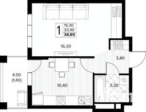 1-к квартира, вторичка, 35м2, 8/8 этаж