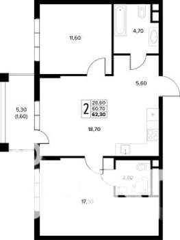 2-к квартира, строящийся дом, 62м2, 7/8 этаж