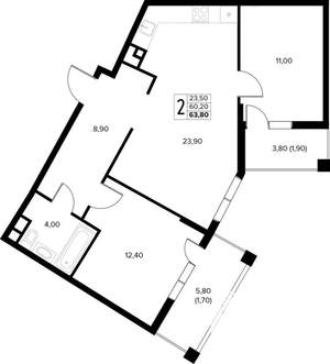 2-к квартира, вторичка, 64м2, 3/8 этаж