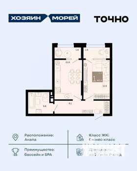 1-к квартира, вторичка, 40м2, 4/12 этаж