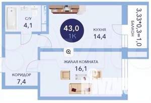 1-к квартира, вторичка, 43м2, 3/16 этаж