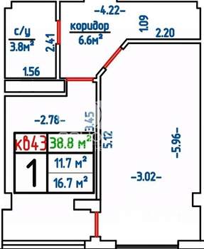 1-к квартира, вторичка, 39м2, 2/3 этаж