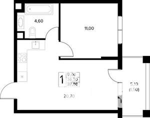 1-к квартира, строящийся дом, 38м2, 2/8 этаж