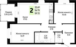 2-к квартира, строящийся дом, 60м2, 4/4 этаж