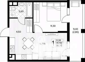 1-к квартира, строящийся дом, 39м2, 5/8 этаж