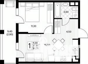 1-к квартира, строящийся дом, 39м2, 3/8 этаж