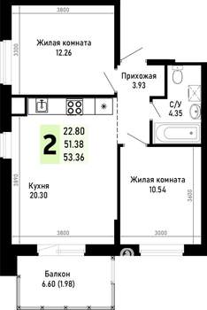 2-к квартира, вторичка, 53м2, 3/4 этаж