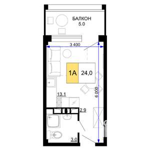 1-к квартира, строящийся дом, 24м2, 2/9 этаж