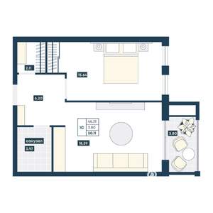 1-к квартира, вторичка, 50м2, 6/9 этаж