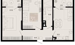 3-к квартира, вторичка, 68м2, 8/12 этаж