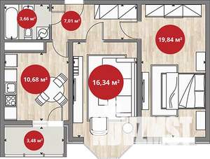 2-к квартира, вторичка, 57м2, 6/18 этаж